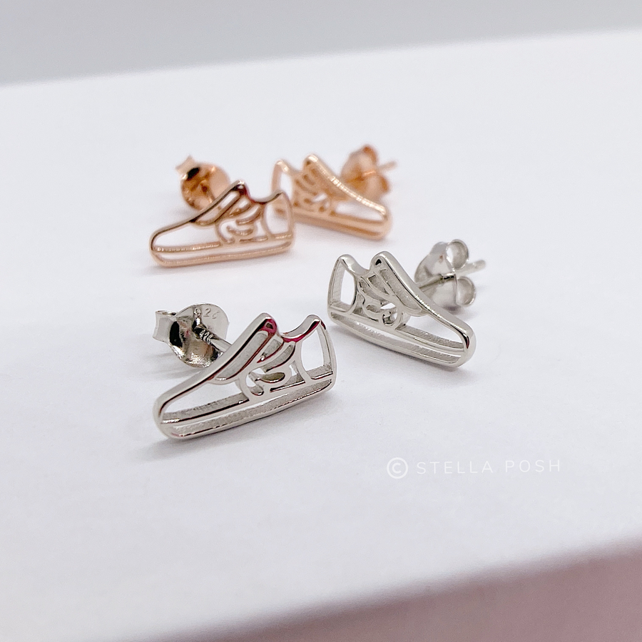 Dainty .925 Sterling Silver Running Shoe Earrings in silver and rose gold.