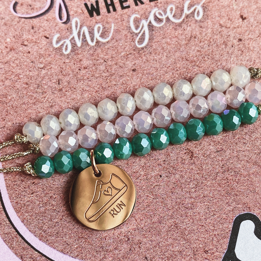 Track and Field Life Charm Bracelet Set with 14K Gold plated 'Run Shoe' charm.