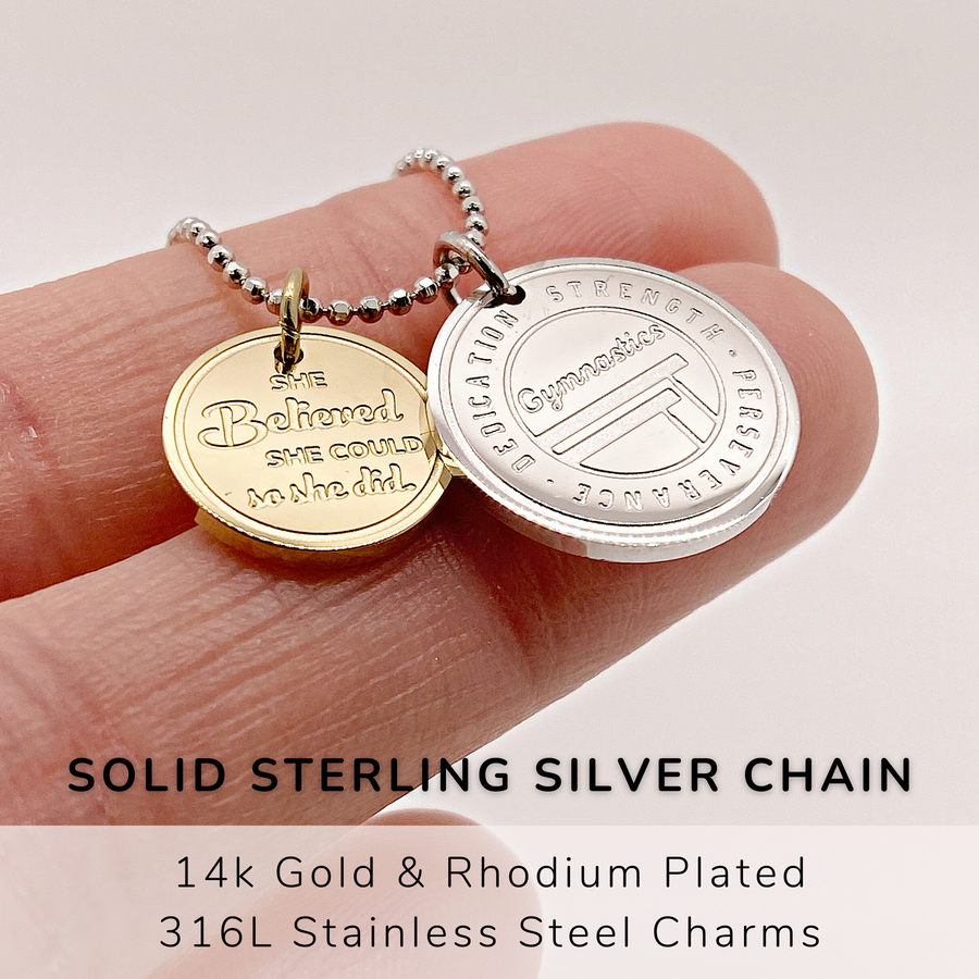 Detailed Dainty Gymnastics Charm Necklace with Gymnastic charm, and 'She believed she could so she did' charm.