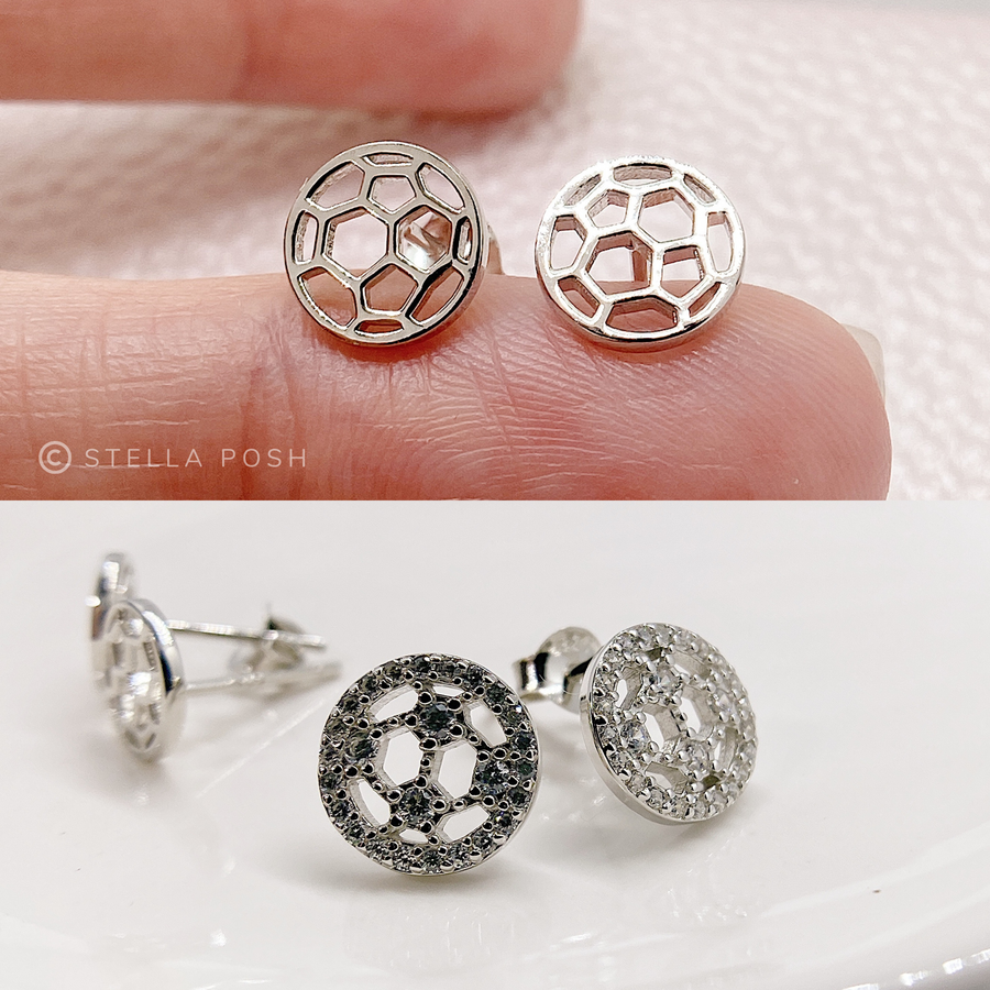 Tiny .925 Sterling Silver Soccer Earrings without and with premium cubic zirconia stones in pavé settings.