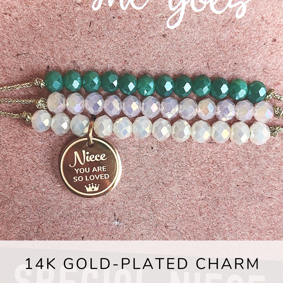 Special Niece Charm Bracelet set with 14K Gold plated 'Niece You are so Loved' charm.