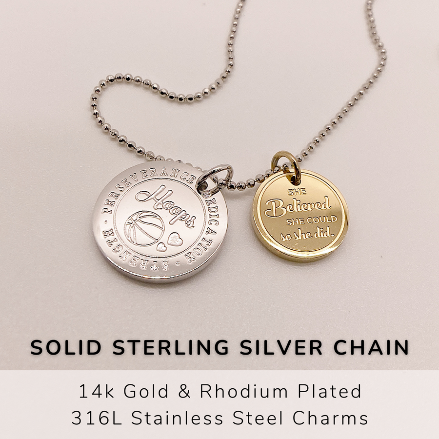 Silver Basketball Charm Necklace with 14K Gold plated or Rhodium plated 'Basketball' charm, and 'She believed she could so she did' charm on a  sterling silver Detailed, adjustable .925 Sterling Silver Charm Necklace chain, either 14K Gold plated or Rhodium plated.
