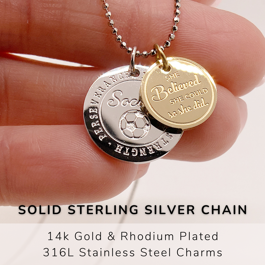 Dainty Soccer Charm Necklace with 14K Gold plated or Rhodium plated 'Soccer' charm, and 'She believed she could so she did' charm.