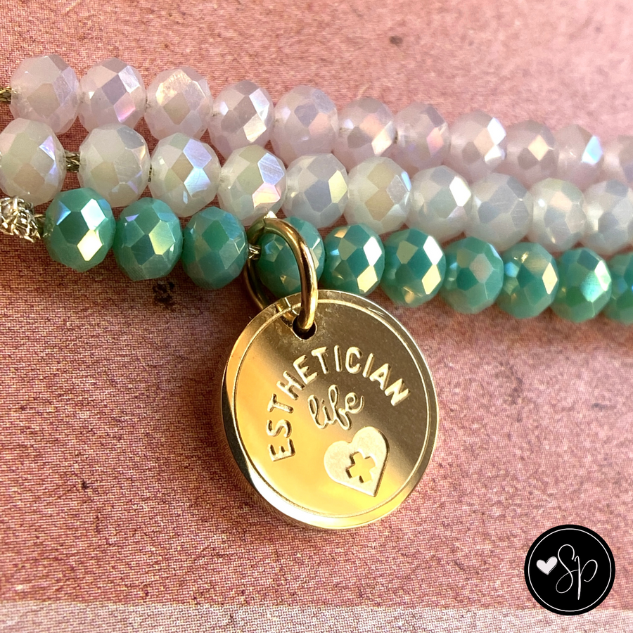 Amazing Esthetician Charm Bracelet Set with 14K Gold plated 'Esthetician Life' charm.
