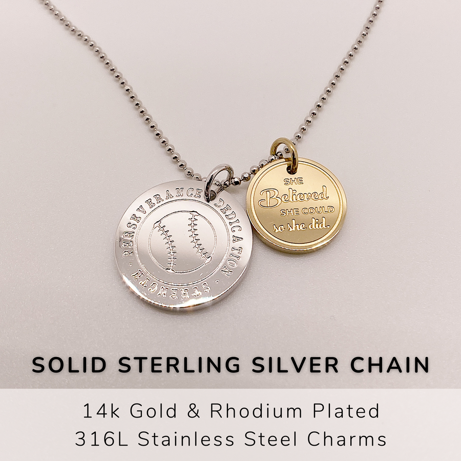  Dainty Softball Charm Necklace with 14K Gold plated or Rhodium plated 'Softball' charm, and 'She believed she could so she did' charm, on a .925 sterling silver chain, either 14K Gold plated or Rhodium plated.