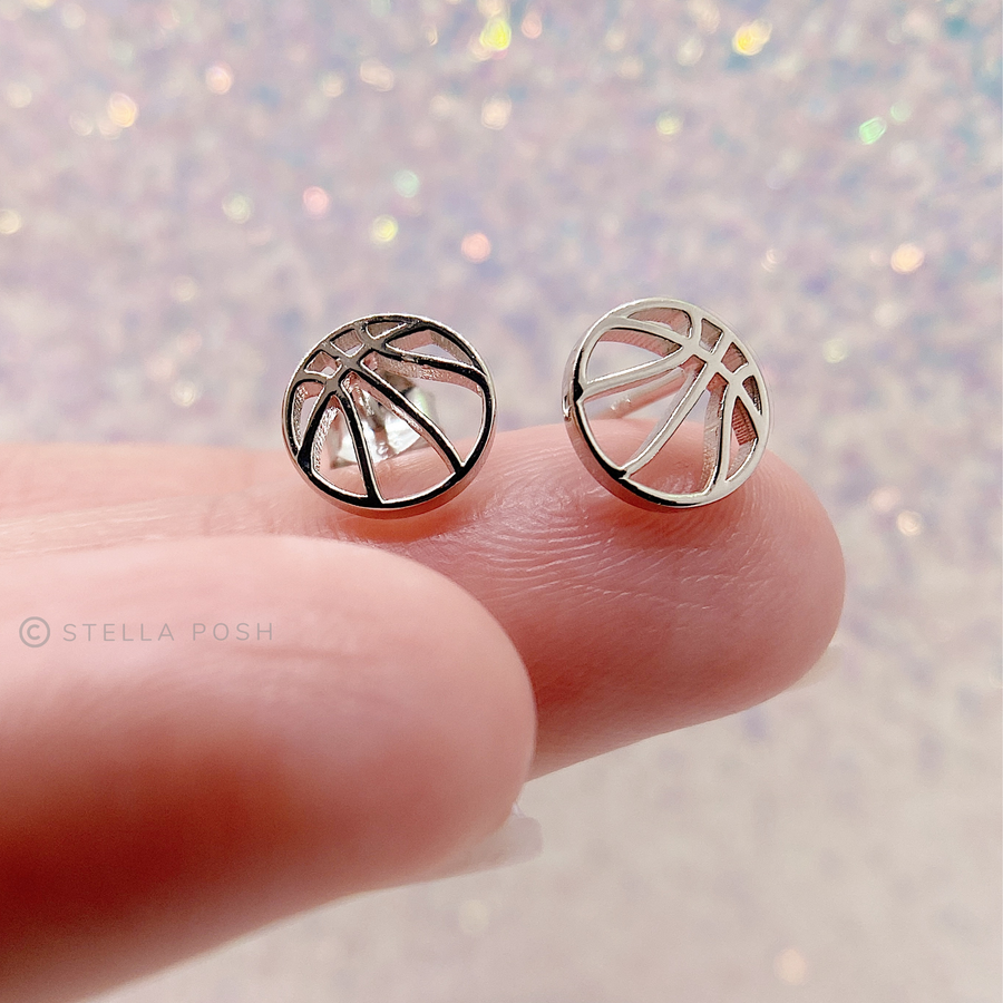 Dainty .925 Sterling Silver Basketball Earrings in gold.