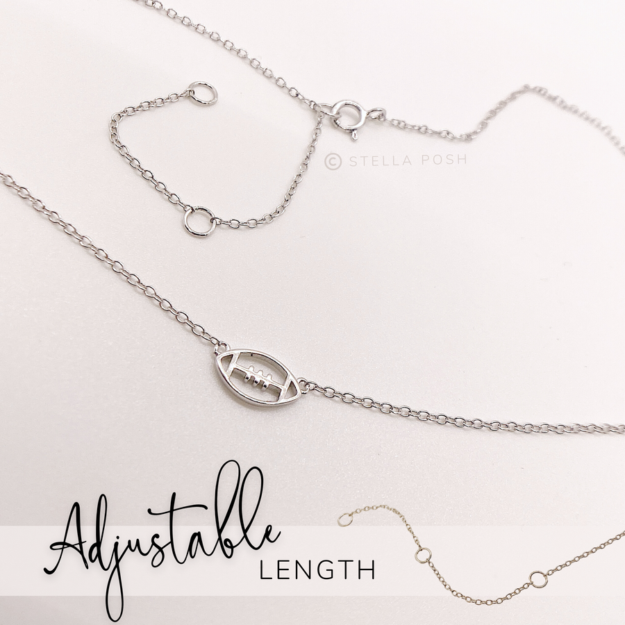 Adjustable length .925 silver Tiny Football necklace.