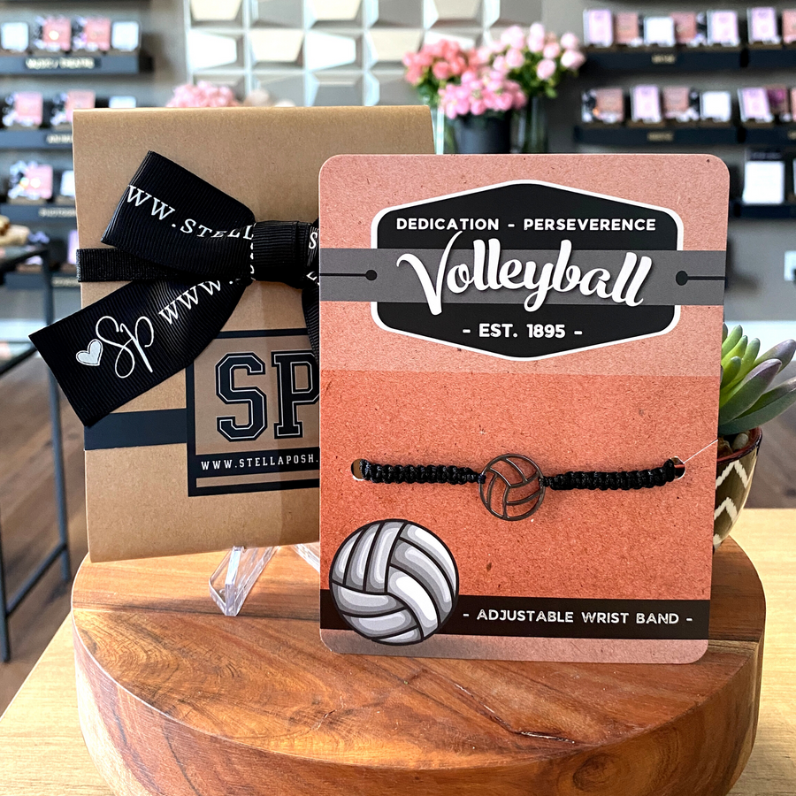 Volleyball adjustable unisex wristband, mounted and ready for gift giving.