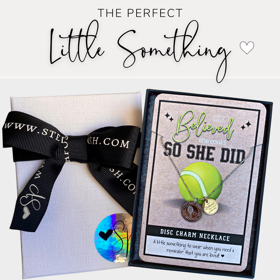 Dainty Tennis Charm Necklace with 14K Gold plated or Rhodium plated 'Tennis' charm, and 'She believed she could so she did' charm, with gift-ready packaging, 'The Perfect little something!'