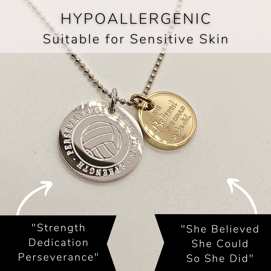 Hypoallergenic Dainty Volleyball Charm Necklace with 14K Gold plated or Rhodium plated 'Volleyball' charm, and 'She believed she could so she did' charm, on a .925 sterling silver chain, either 14K Gold plated or Rhodium plated.