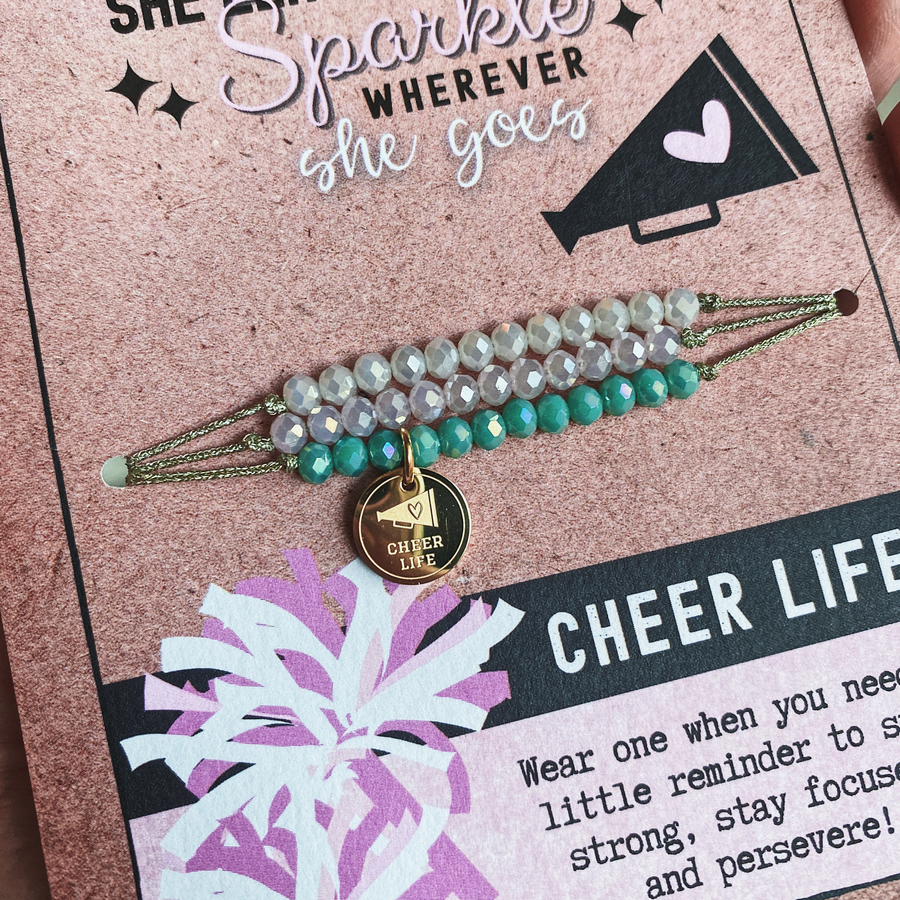 Cheer Life Charm Bracelet Set with 14K Gold plated 'Cheer Life' charm.