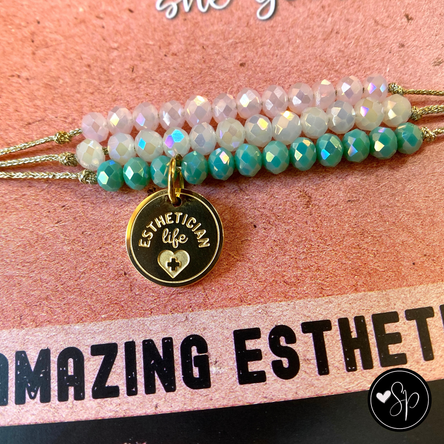 Amazing Esthetician Charm Bracelet Set with 14K Gold plated 'Esthetician Life' charm.