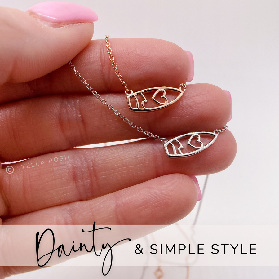 .925 silver Surfboard Necklaces in silver and gold.