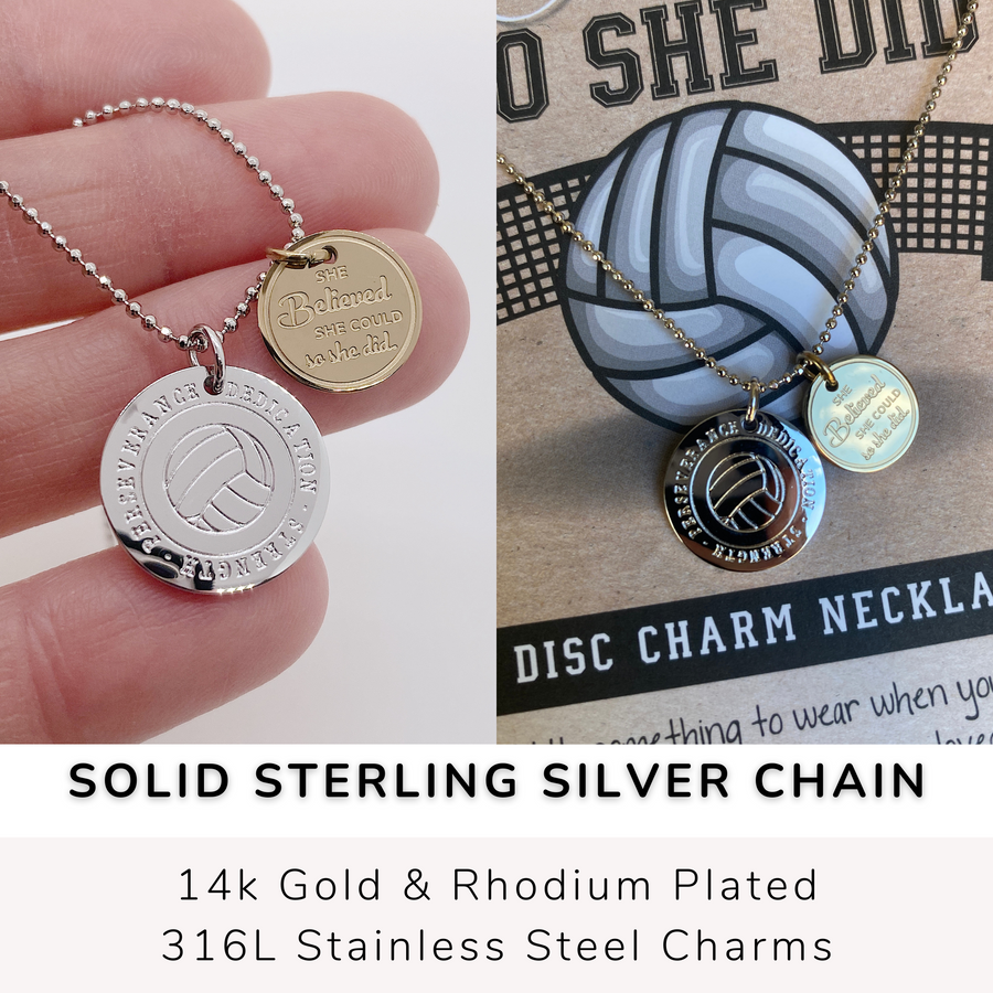 Adjustable length Dainty Volleyball Charm Necklace with 14K Gold plated or Rhodium plated 'Volleyball' charm, and 'She believed she could so she did' charm.