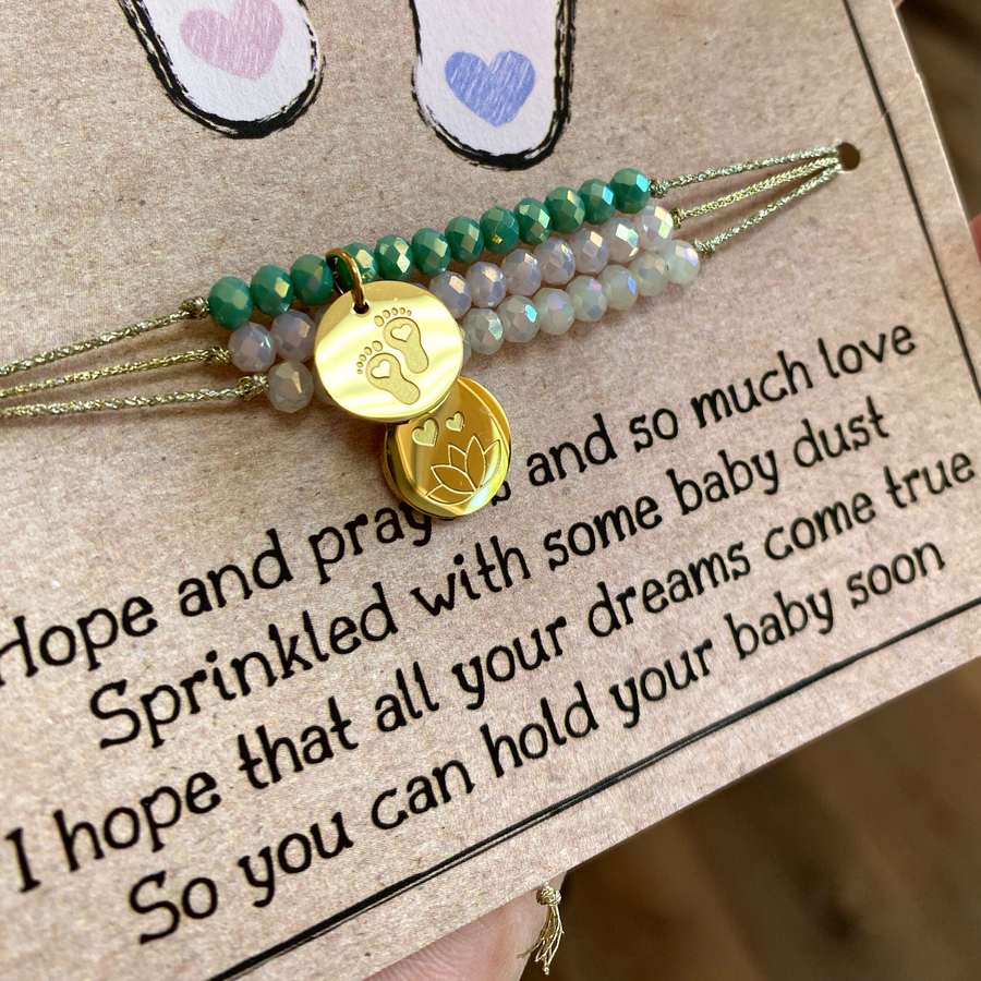 Fertility Wish Charm Bracelet Set with 14K Gold plated 'Little Feet' and 'Lotus Blossom' charms.