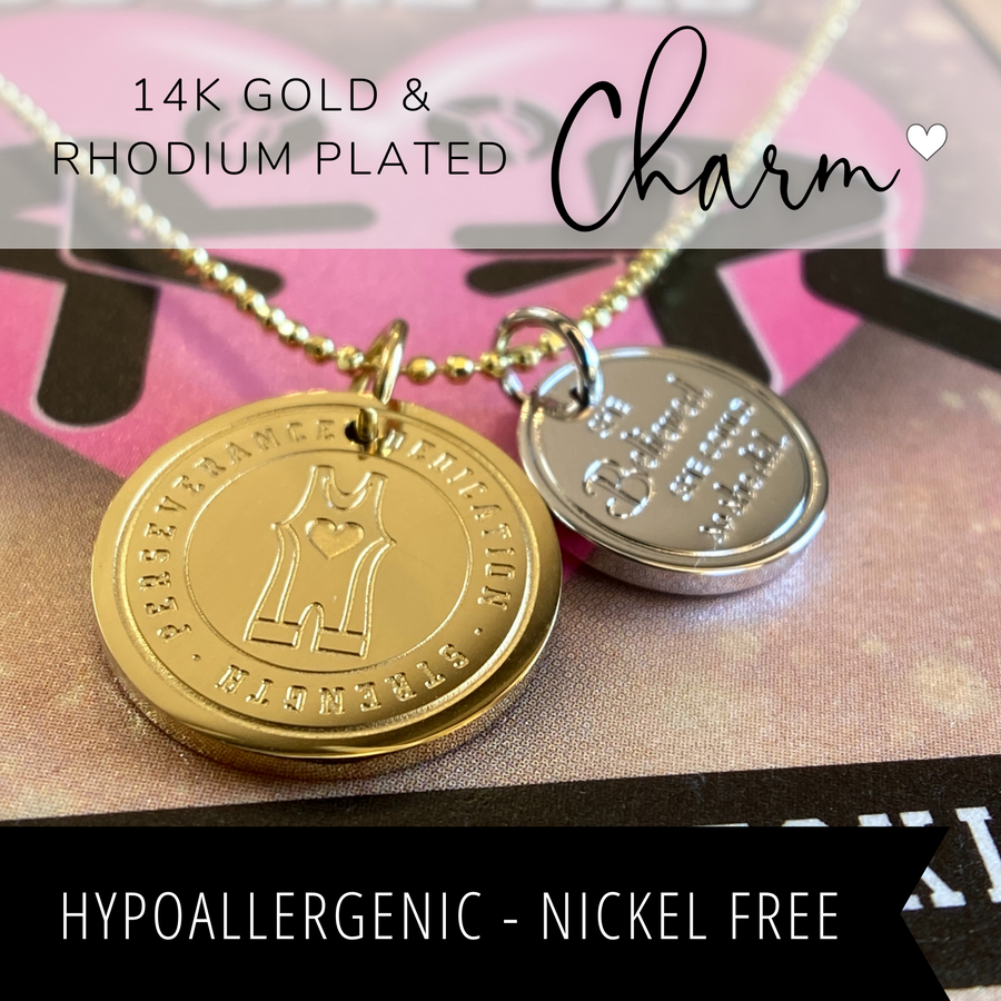 Detailed Adjustable length Dainty Wrestling Charm Necklace with 14K Gold plated or Rhodium plated 'Westling' charm, and 'She believed she could so she did' charm.