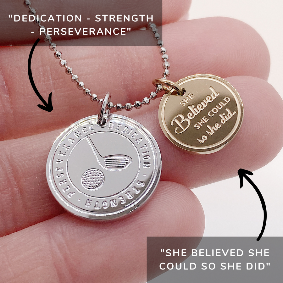 Detailed Dainty Golf Charm Necklace with '14K Gold plated or Rhodium plated Golf' charm, and 'She believed she could so she did' charm.