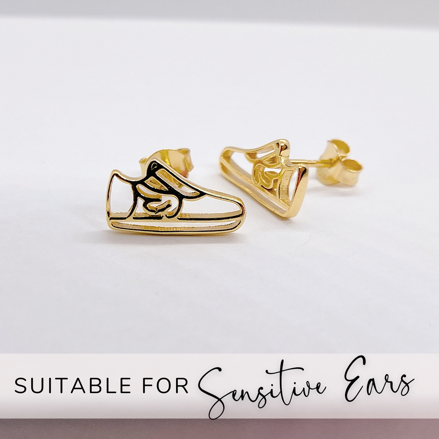Dainty .925 Sterling Silver Running Shoe earrings in gold.