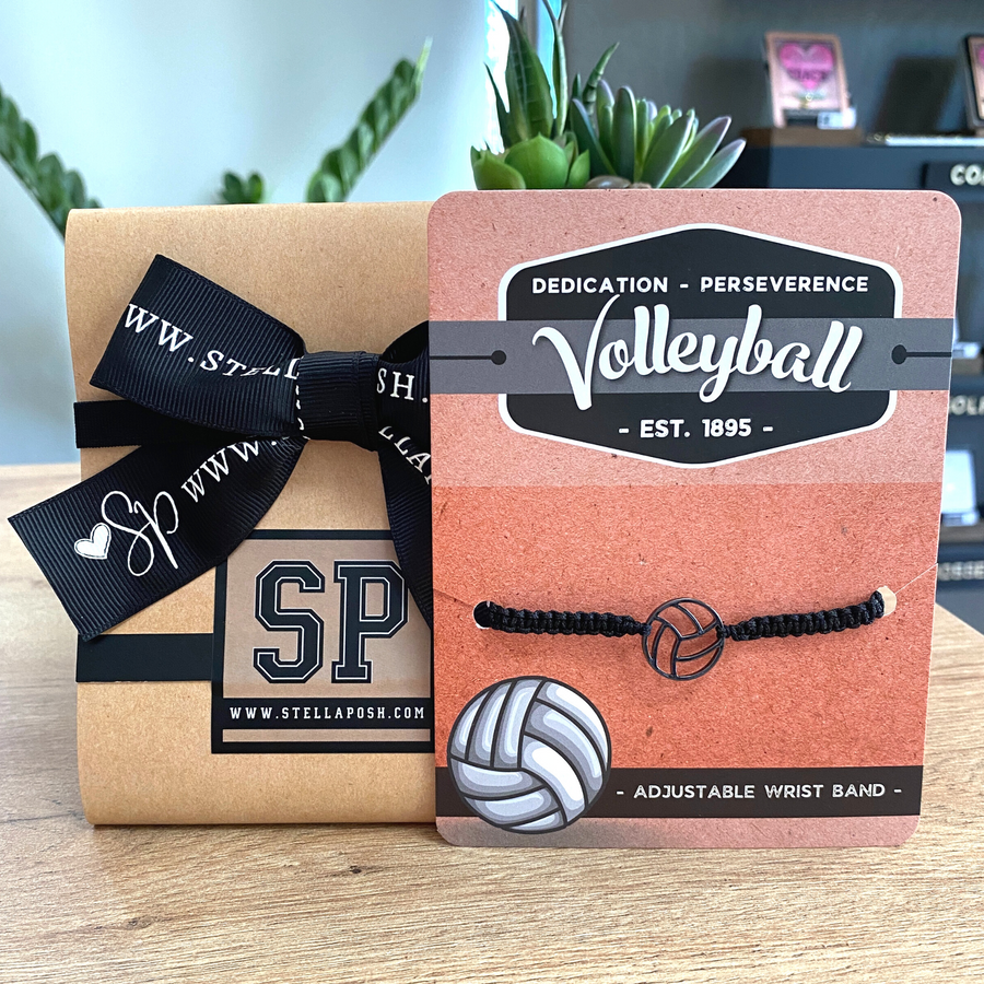 Volleyball adjustable unisex wristband, mounted and ready for gift giving.
