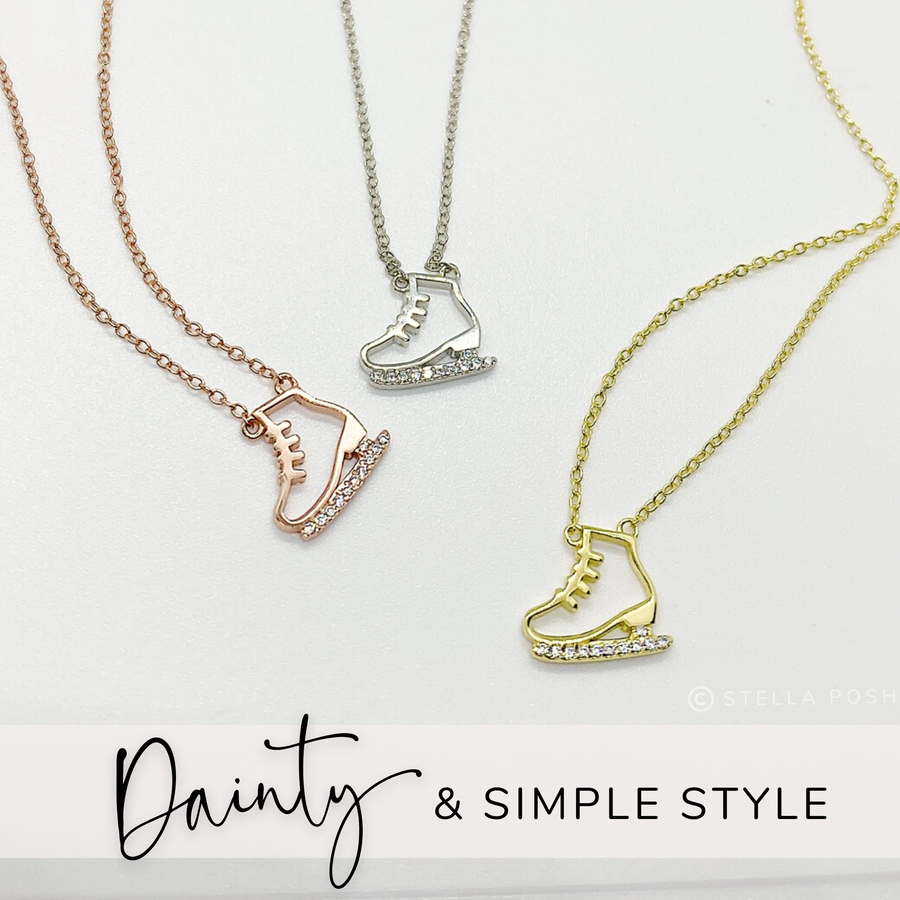 .925 silver Dainty Ice Skate Necklaces, with premium cubic zirconias in a pavé setting, shown in silver, gold, and rose gold.