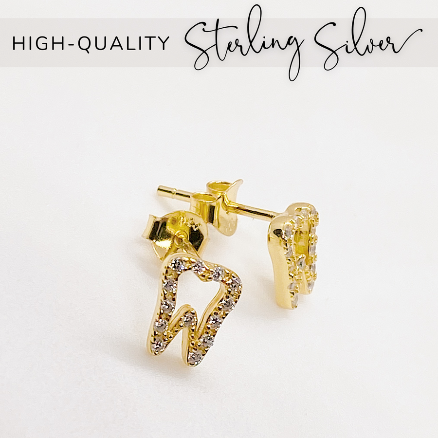 Tiny .925 Sterling Silver Tooth Earrings with premium cubic zirconia stones in a pavé setting, either 14K Gold, Rose Gold, or Rhodium plated.
