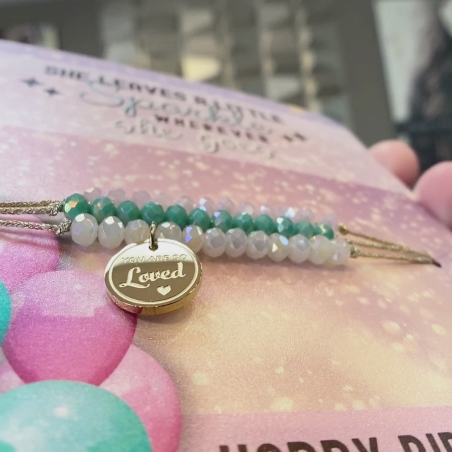 Video of Happy Birthday Charm Bracelet set with 14K Gold plated 'You are so Loved' charm.