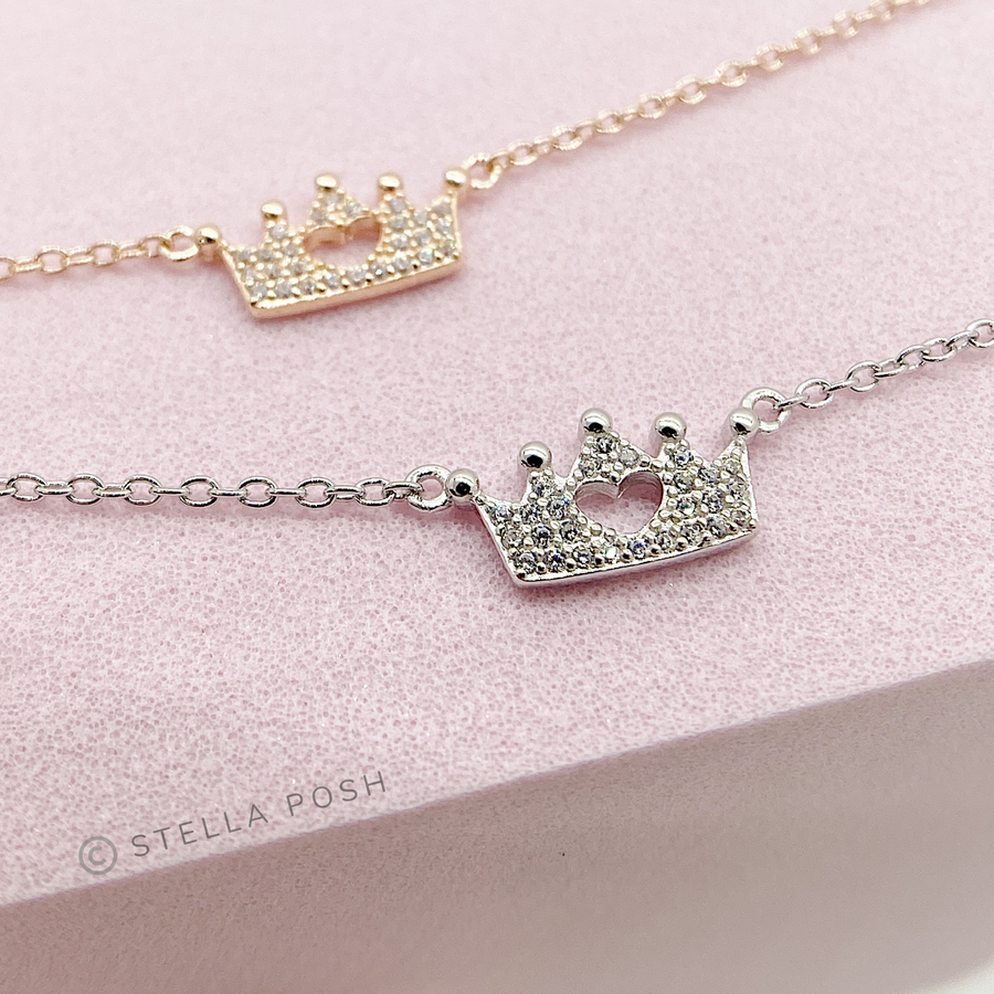 Princess Crown .925 silver necklaces with premium cubic zirconias, in gold and silver.