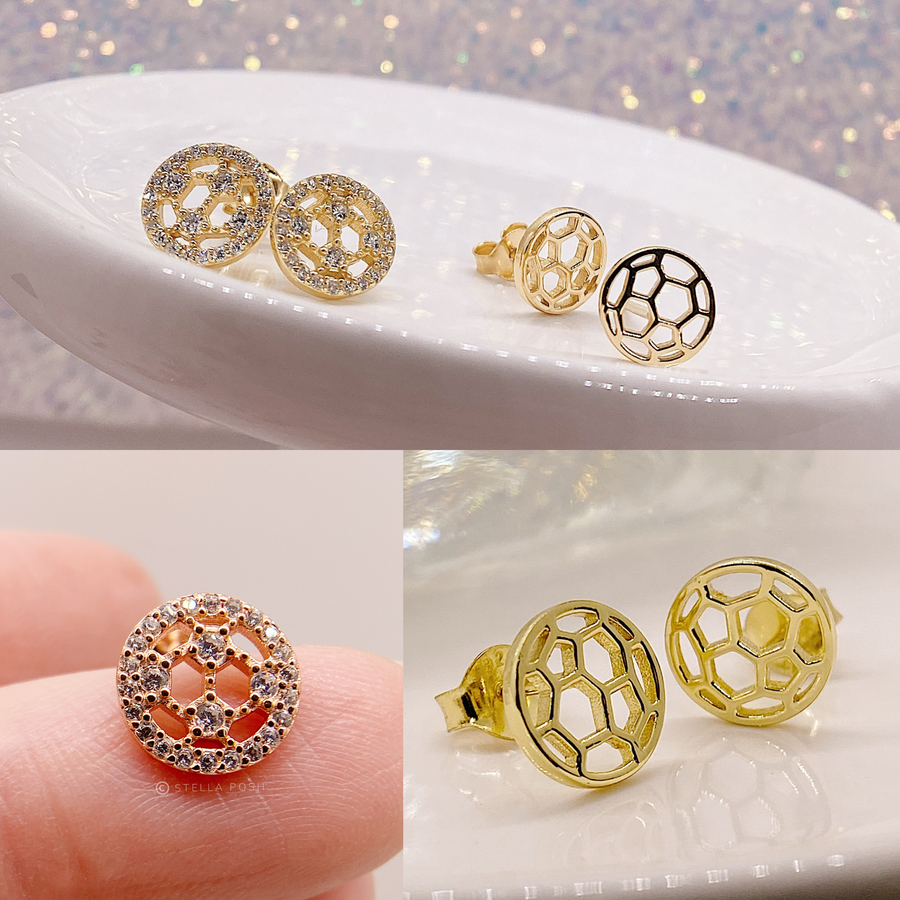 Tiny .925 Sterling Silver Soccer Earrings without and with premium cubic zirconia stones in pavé settings.