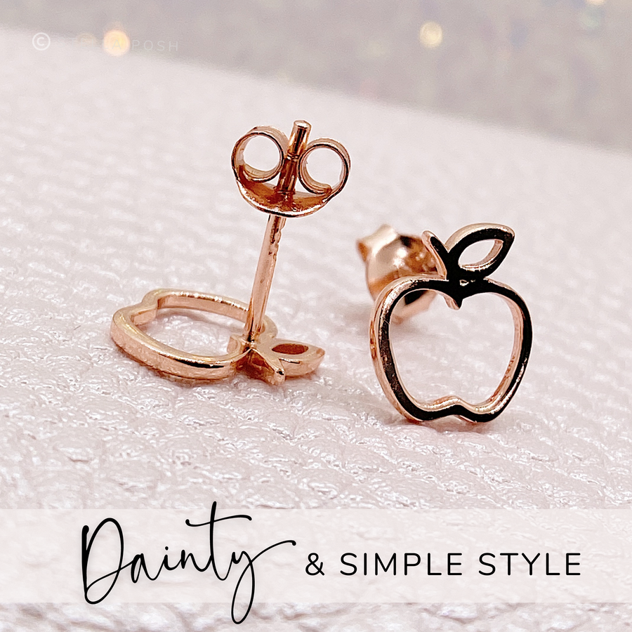 Dainty .925 silver Apple Earrings in rose gold. Perfect for a Teacher Gift.