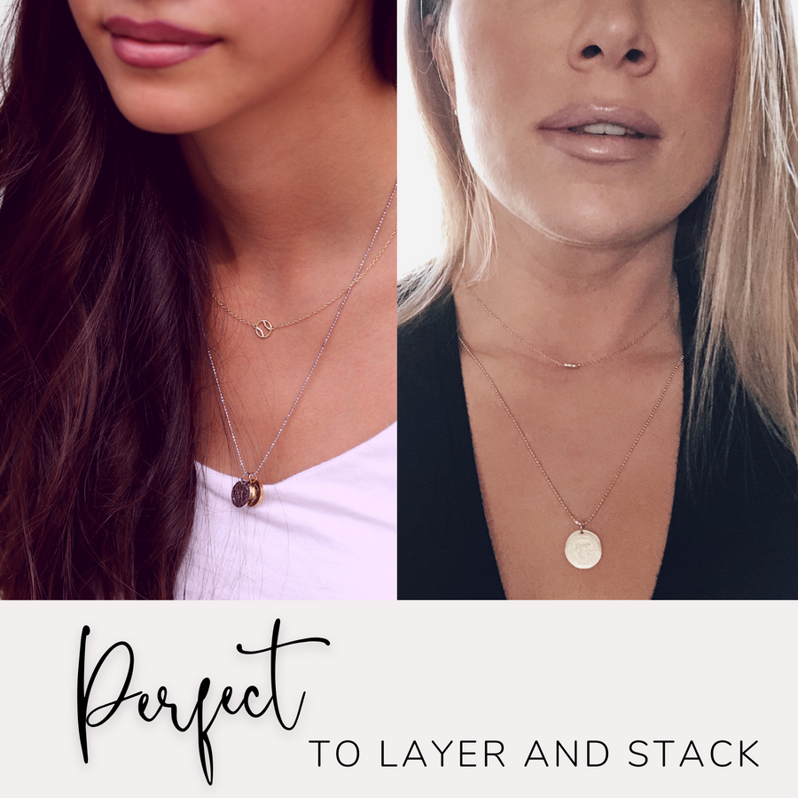 Models wearing adjustable length Dainty Tennis Charm Necklace with Tennis charm, and 'She believed she could so she did' charm, layered with .925 silver necklace.