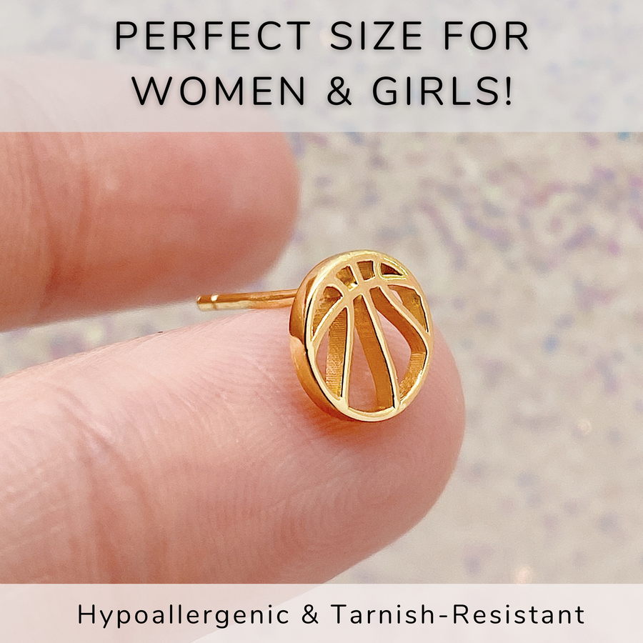 Sterling Silver hypoallergenic, Basketball Earrings in gold.