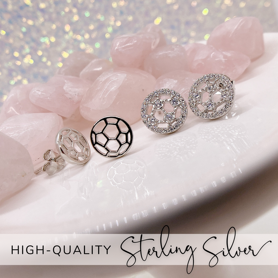 Tiny .925 Sterling Silver Soccer Earrings without and with premium cubic zirconia stones in a pavé setting.