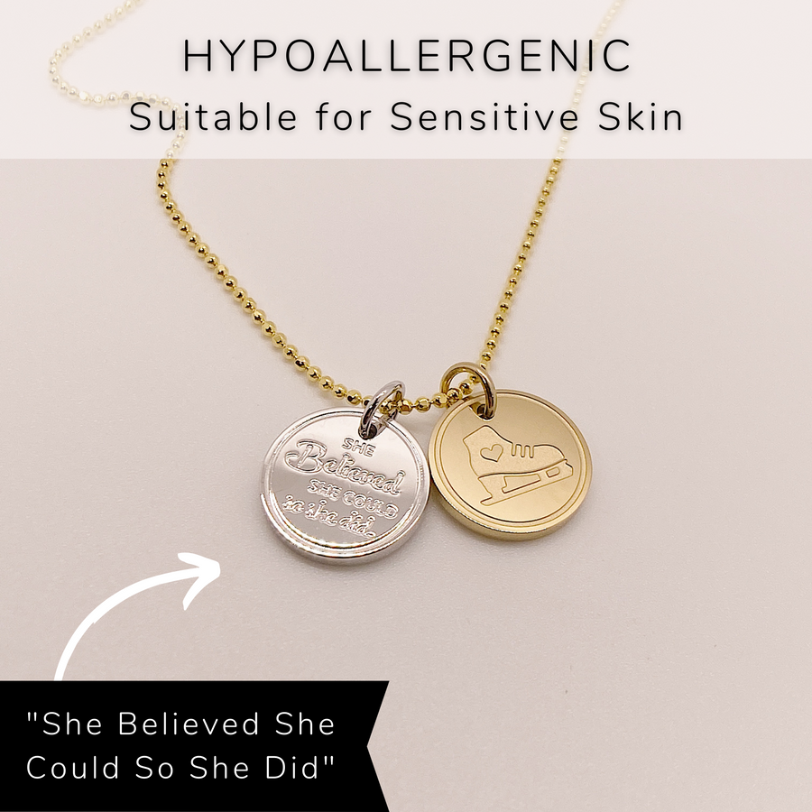 Hypoallergenic Dainty Ice Skate Charm Necklace with 14K Gold plated or Rhodium plated 'Ice Skate' charm, and 'She believed she could so she did' charm, on a .925 sterling silver chain, either 14K Gold plated or Rhodium plated.