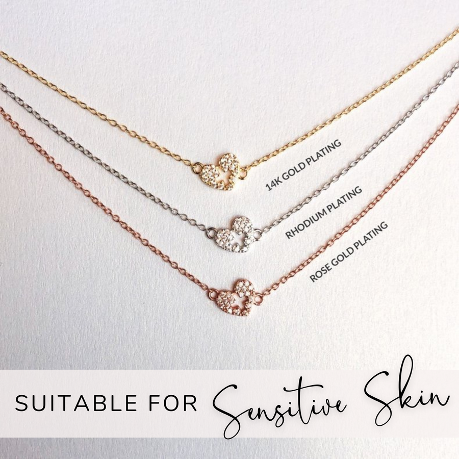 Tiny .925 silver Nurse Necklaces with premium cubic zirconias, in gold, silver, and rose gold, suitable for sensitive skin.
