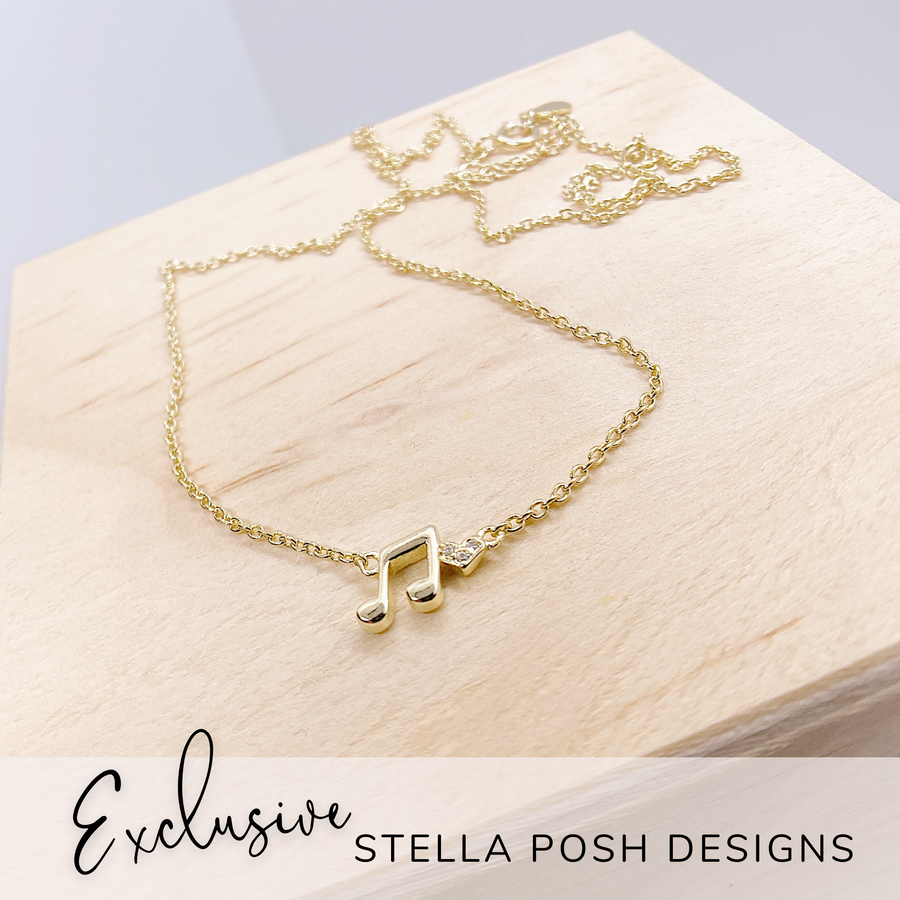 Exclusive Stella Posh design, Tiny .925 silver Music Note Necklace with premium cubic zirconias.