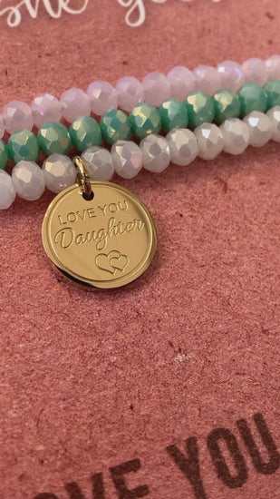 Video of Love You Daughter Charm Bracelet Set with 14K Gold plated 'Love You Daughter' charm.