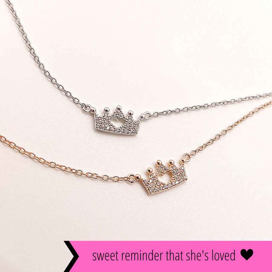 .925 silver Tiny Princess Crown Necklaces with premium cubic zirconias, a sweet reminder that she's loved.