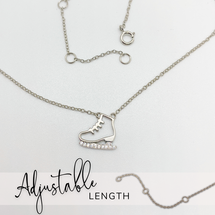  .925 silver Adjustable length Dainty Ice Skate Necklace with premium cubic zirconias in a pavé setting.
