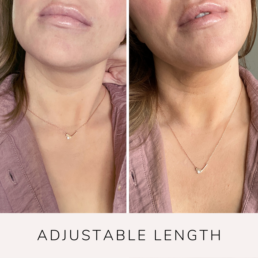 Model wearing adjustable length .925 silver Tiny Golf Necklace with tiny premium cubic zirconias.