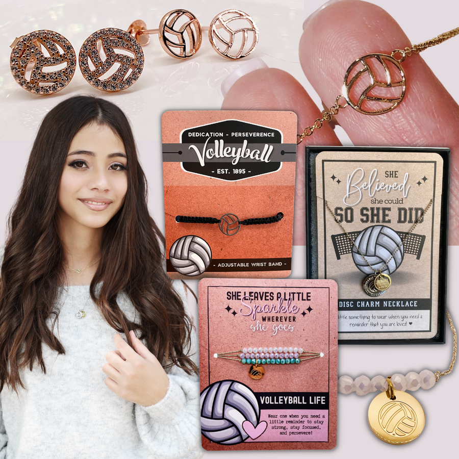 Pretty Brunette Teen Model showcasing Stella Posh Volleyball jewelry and products.