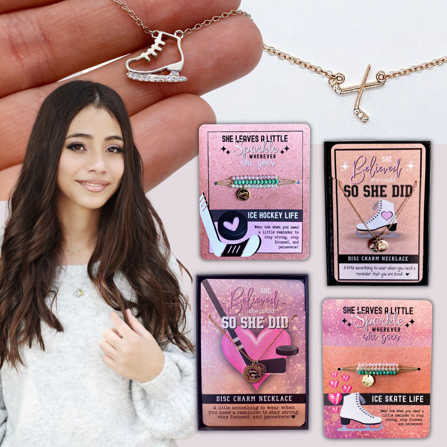 Pretty brunette teen model showcasing Stella Posh Ice Skate jewelry and products.