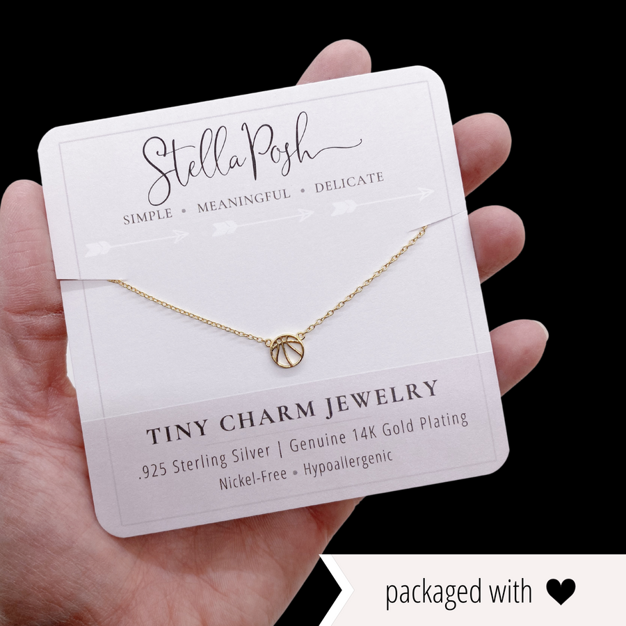 Dainty .925 Sterling Silver Basketball Necklace, packaged with love.
