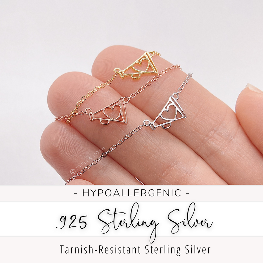 Tiny hypoallergenic .925 sterling silver Cheer Necklaces in gold, silver, and rose gold.