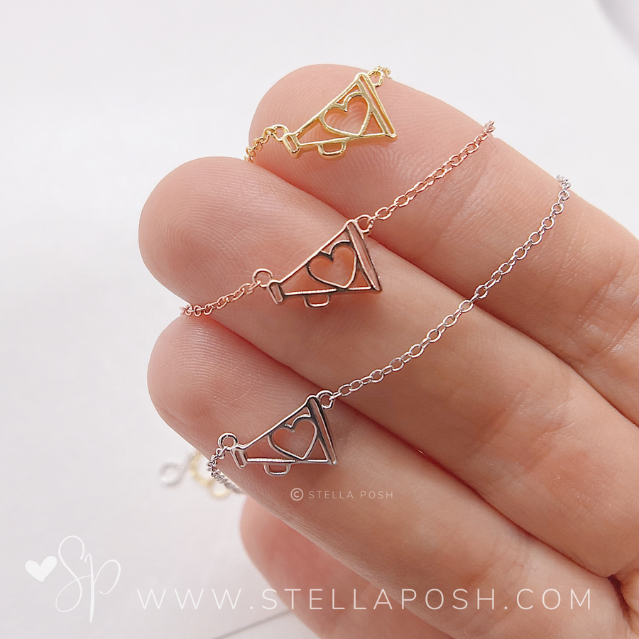Tiny Cheer .925 Sterling Silver necklaces in gold, silver, and rose gold.