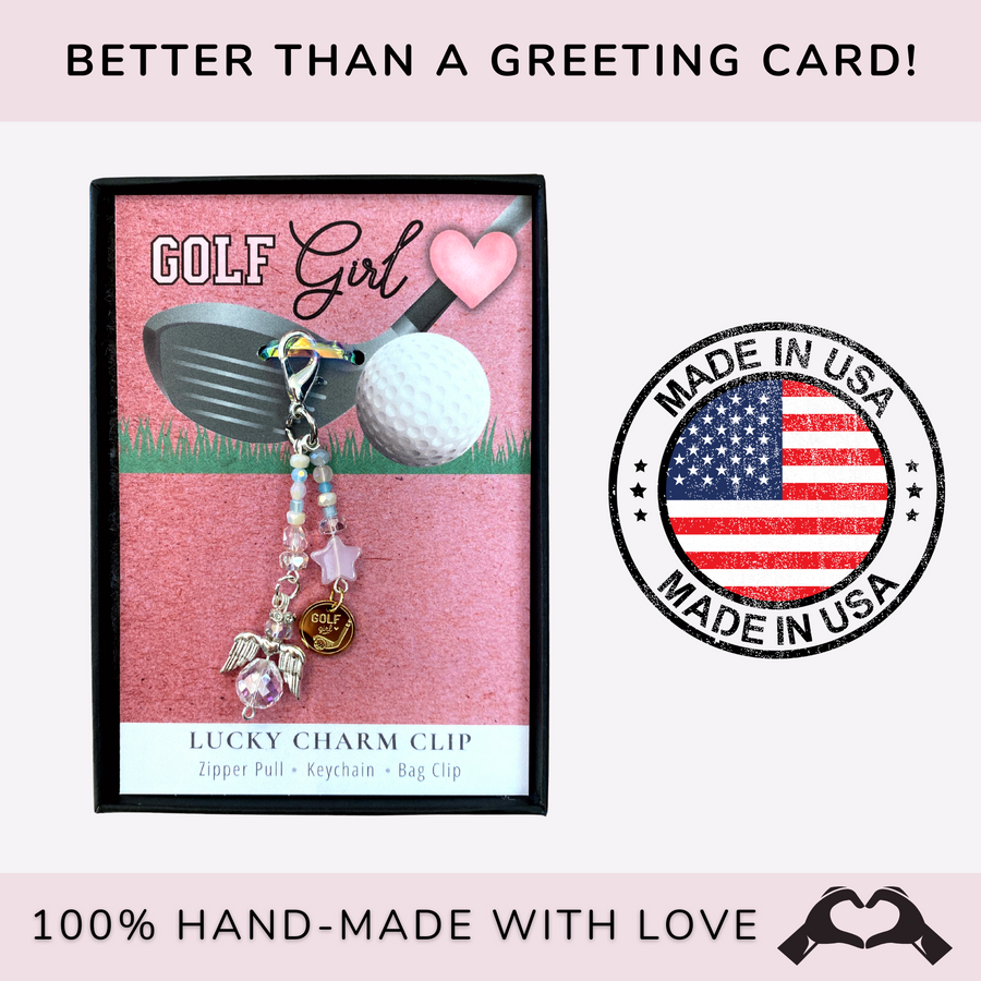 Golf Girl Charm Clip with 'Golf girl' and golf club charm, handmade with love!